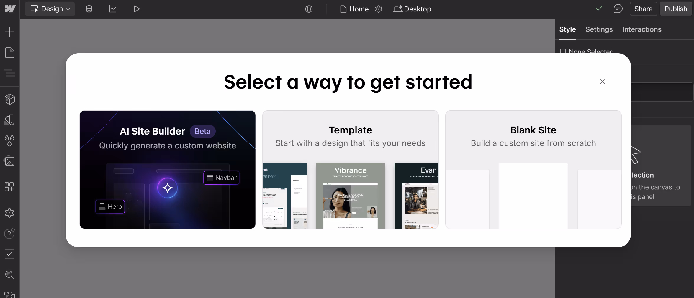 Screenshot of Webflow's AI Site Builder