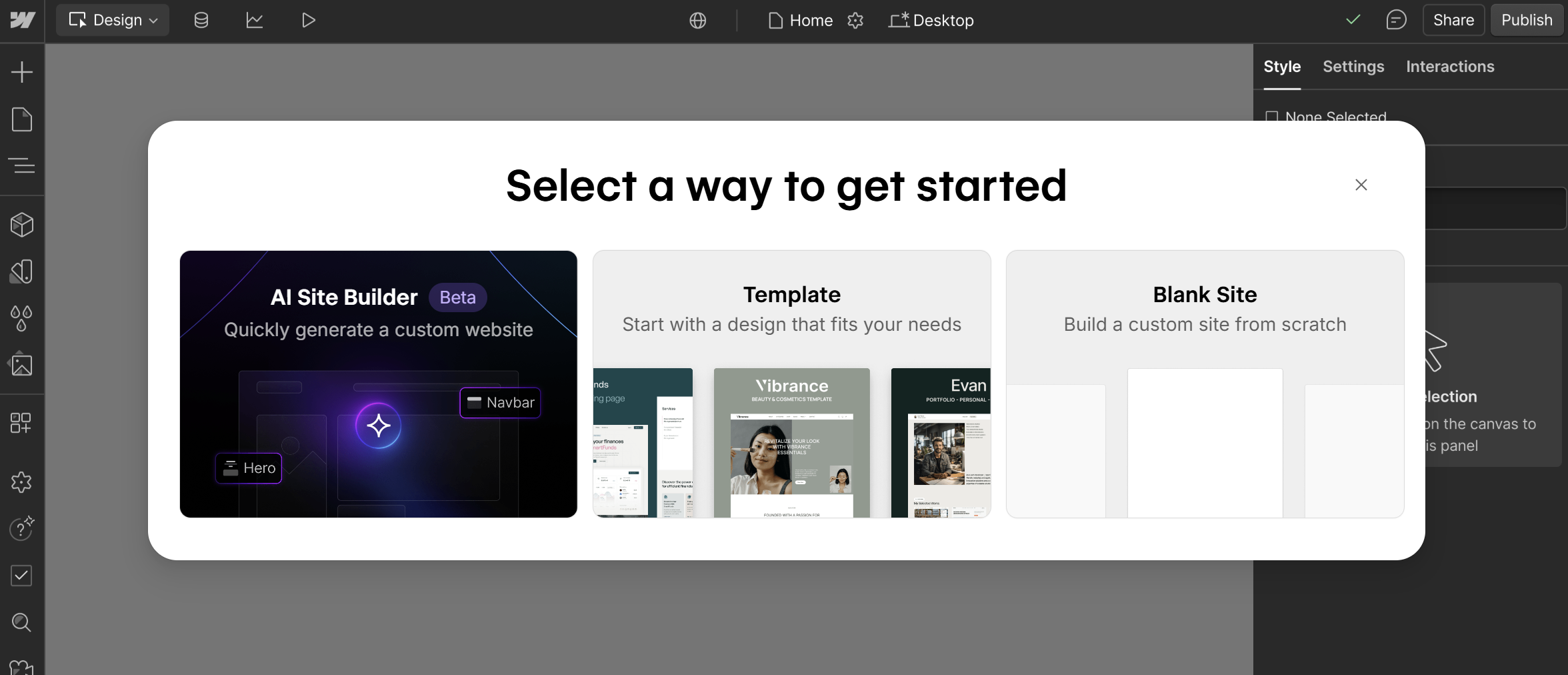 Screenshot of Webflow's AI Site Builder