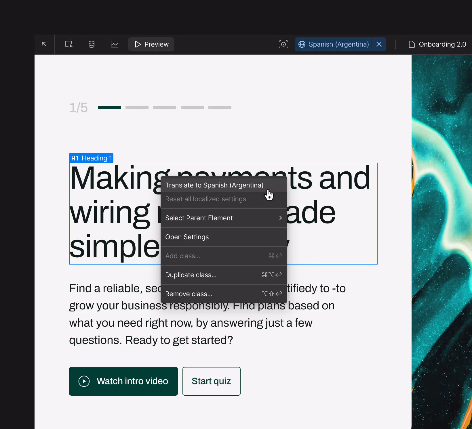 Screenshot of Webflow's localization features