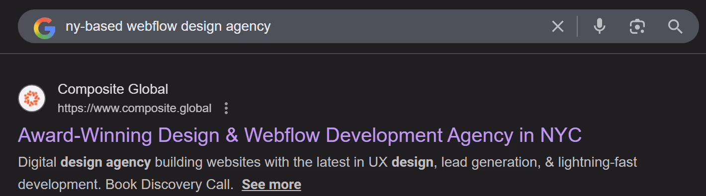 Screenshot of Google search results for ‘NY‑based Webflow design agency,’ showing Composite among top listings.