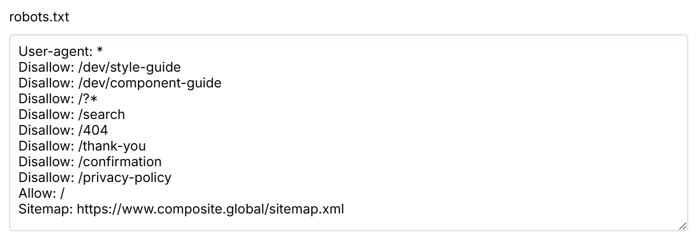 Screenshot showing Composite’s robots.txt file input with rules for search engine crawlers.