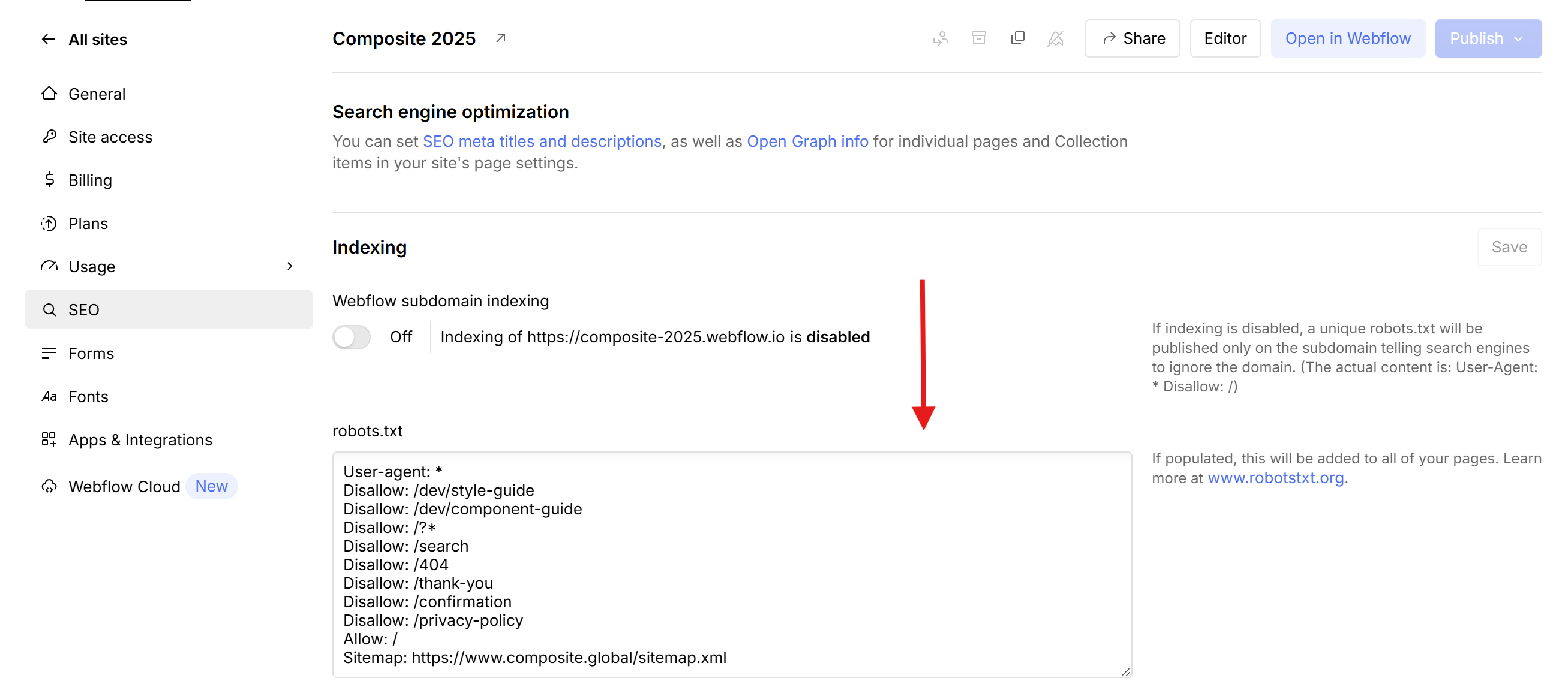 Screenshot of the Webflow SEO settings page with an arrow pointing to the robots.txt input field, where users can manually edit their robots.txt file.
