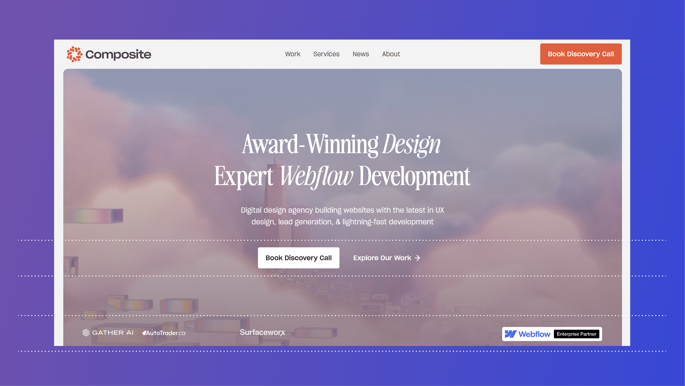 Screenshot of Composite's website with lines indicating trust-building elements: Explore Our Work take you to a page where user can browse case studies, our Webflow Enterprise Partner badge is displayed alongside client logos that change out.
