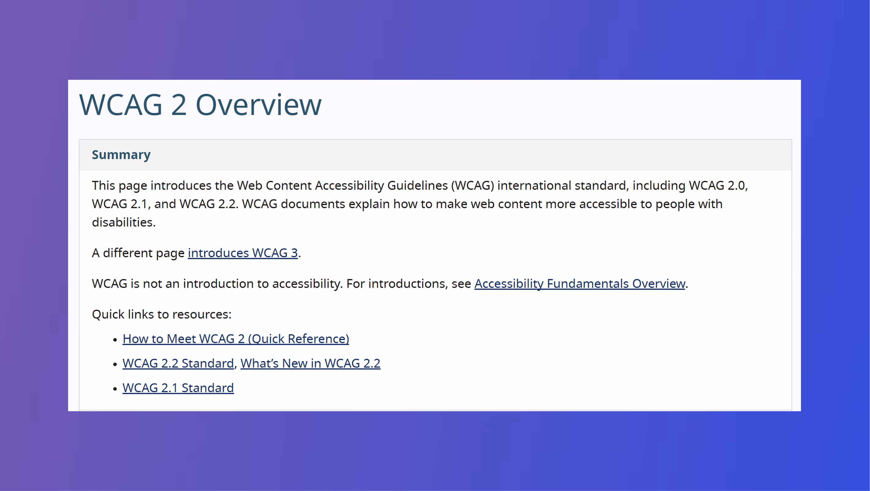 Screenshot of WCAG 2 Overview summary page.