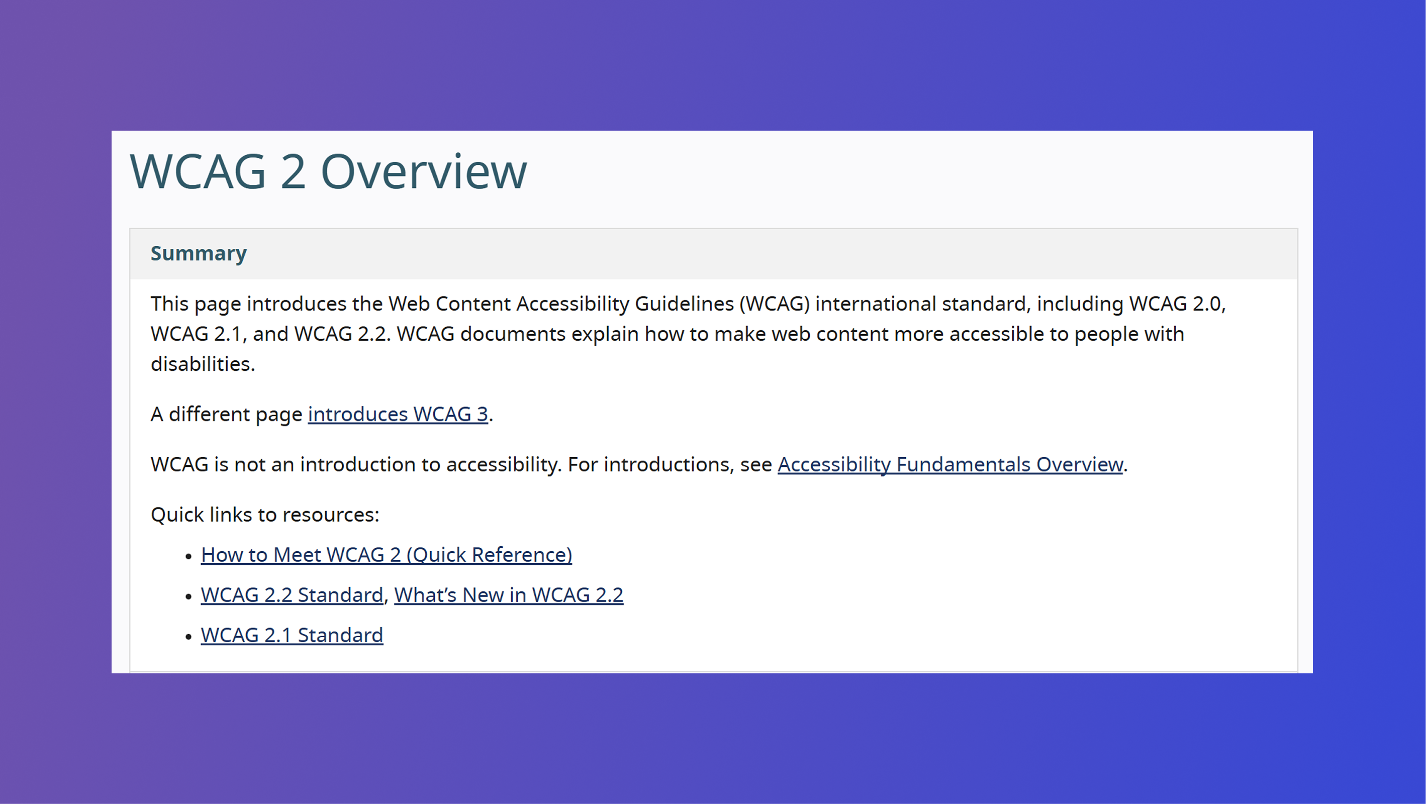 Screenshot of WCAG 2 Overview summary page.