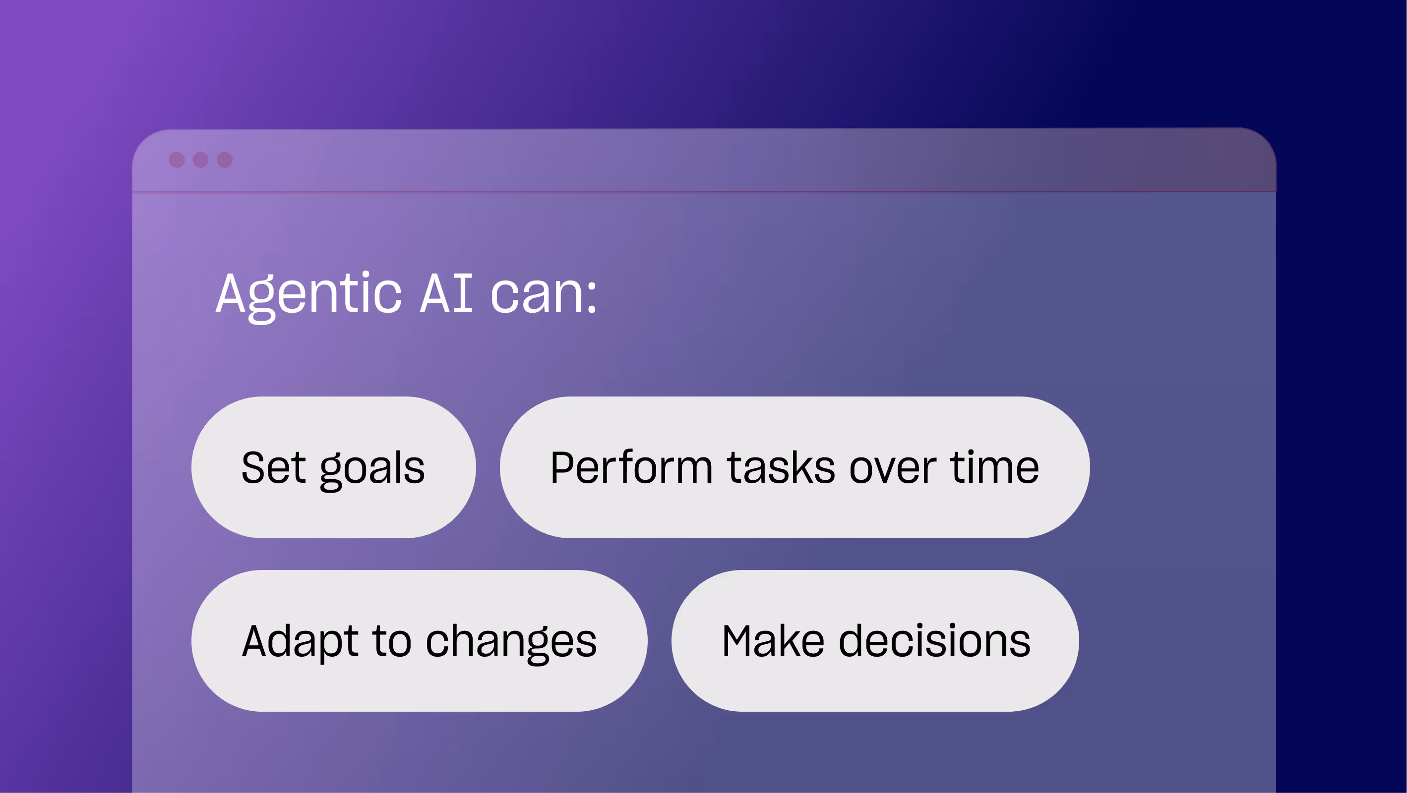 Faded website wireframe with floating text bubbles that outline Agentic AI’s traits: goal setting, adaptability, decision-making, and long-term task execution.