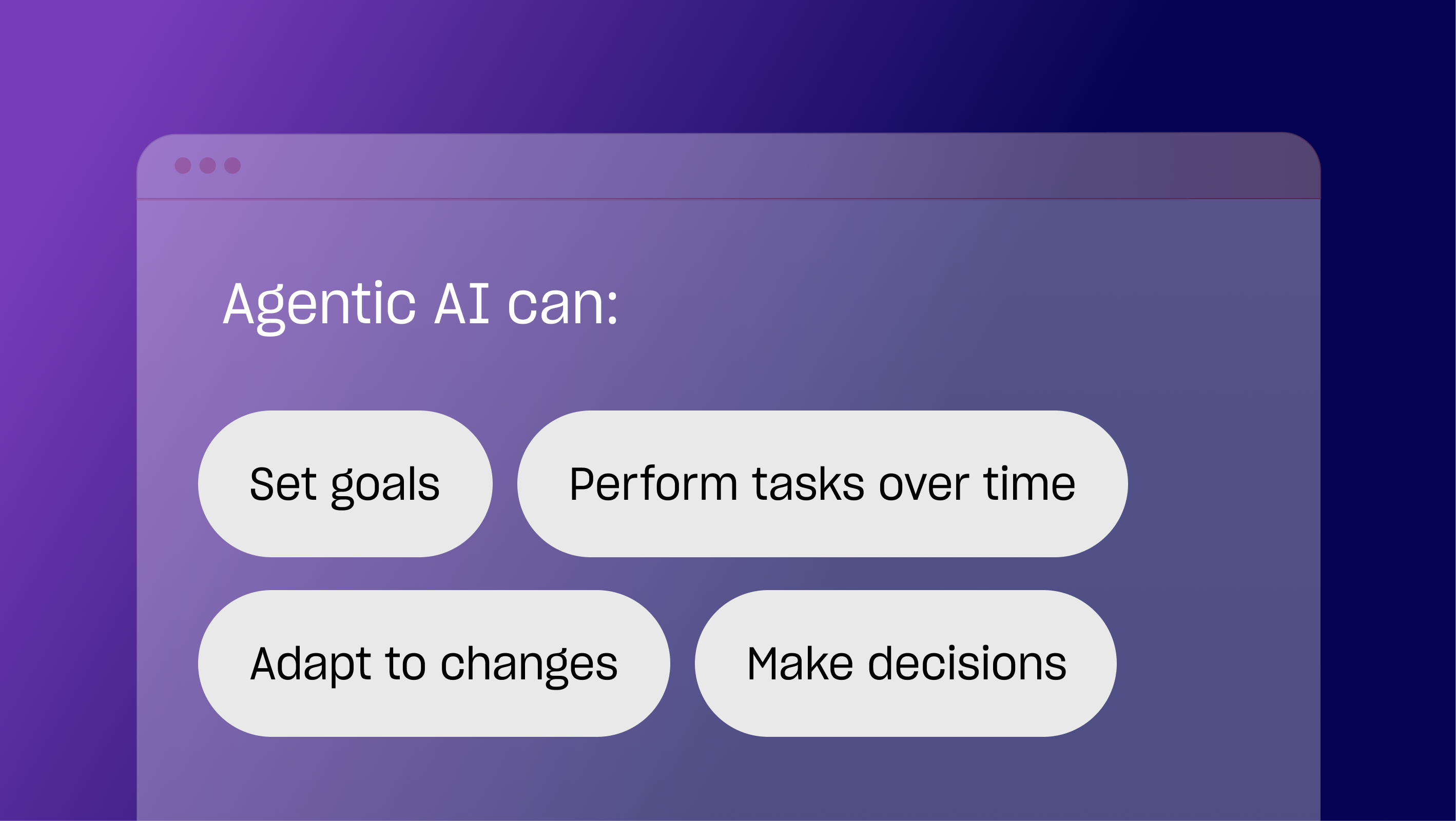 Faded website wireframe with floating text bubbles that outline Agentic AI’s traits: goal setting, adaptability, decision-making, and long-term task execution.