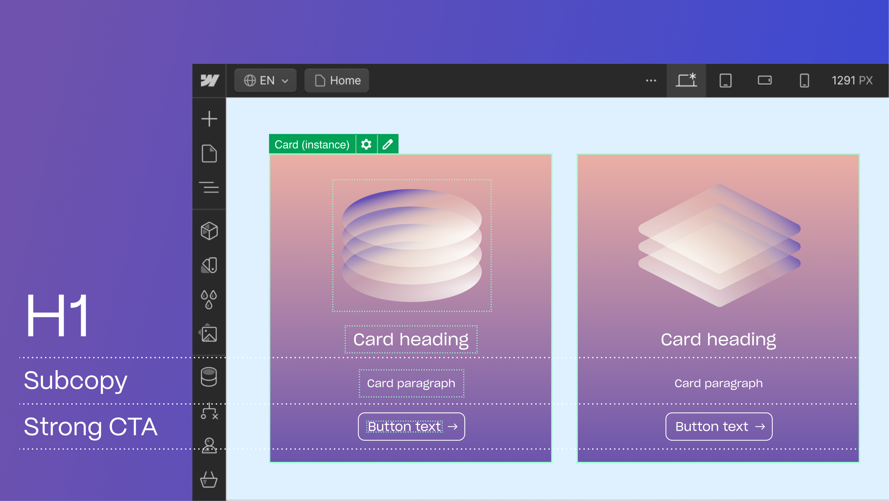 Graphic image showing hierarchy for H1, Subcopy, and CTA. Features a generic wireframe.