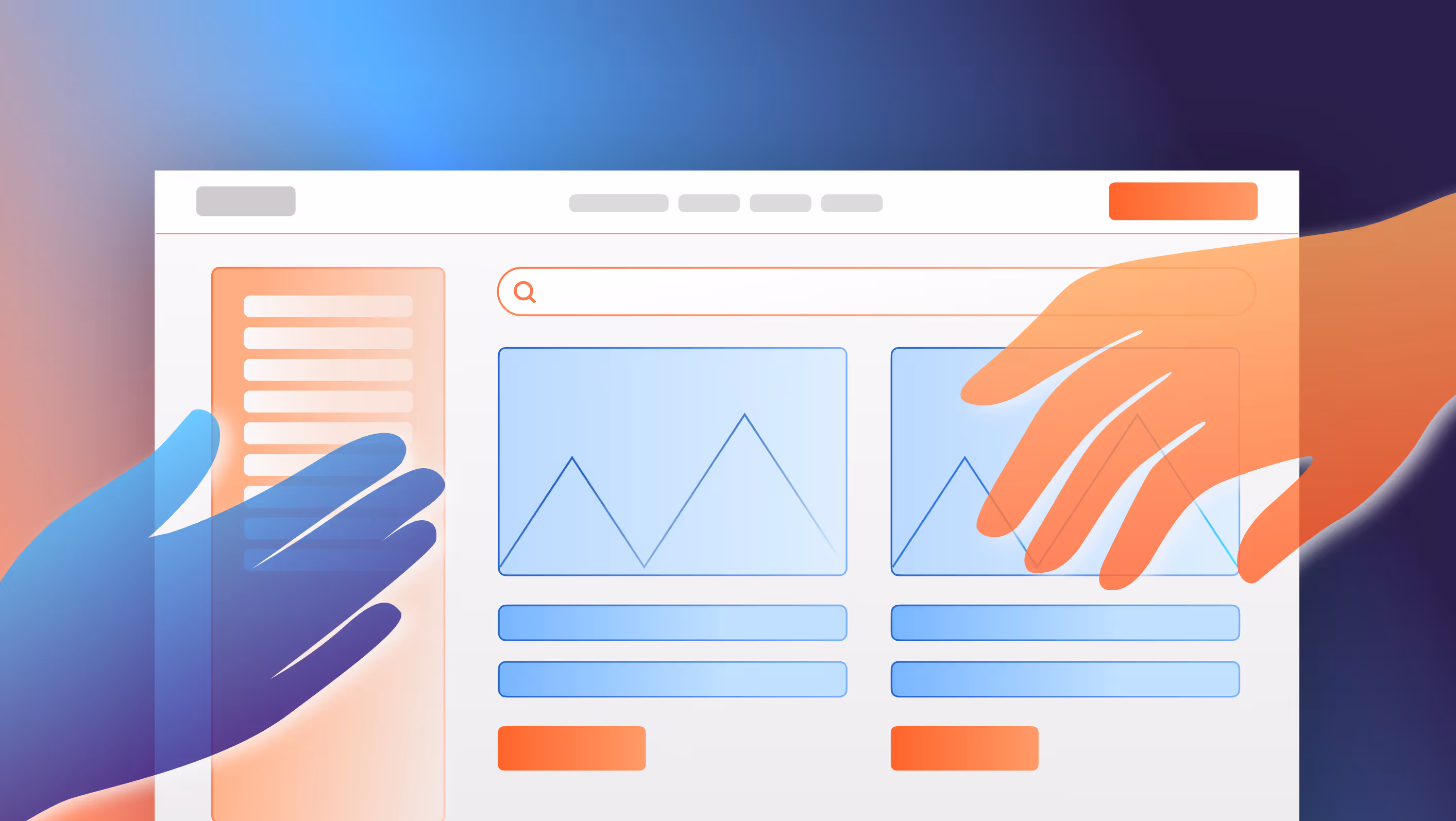 Illustration of a wireframe depicting a generic website with two hands reaching in from either side.