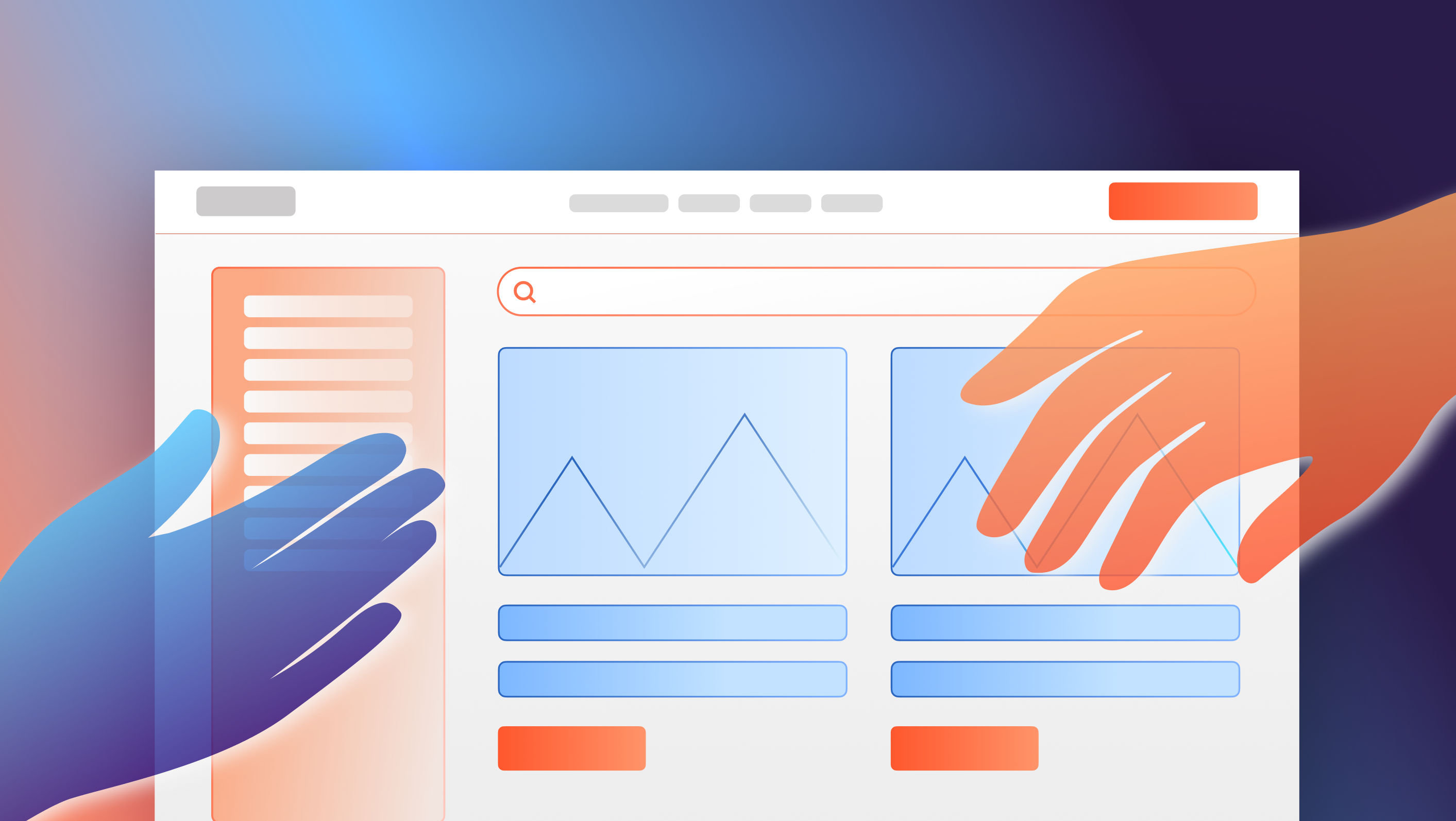Illustration of a wireframe depicting a generic website with two hands reaching in from either side.