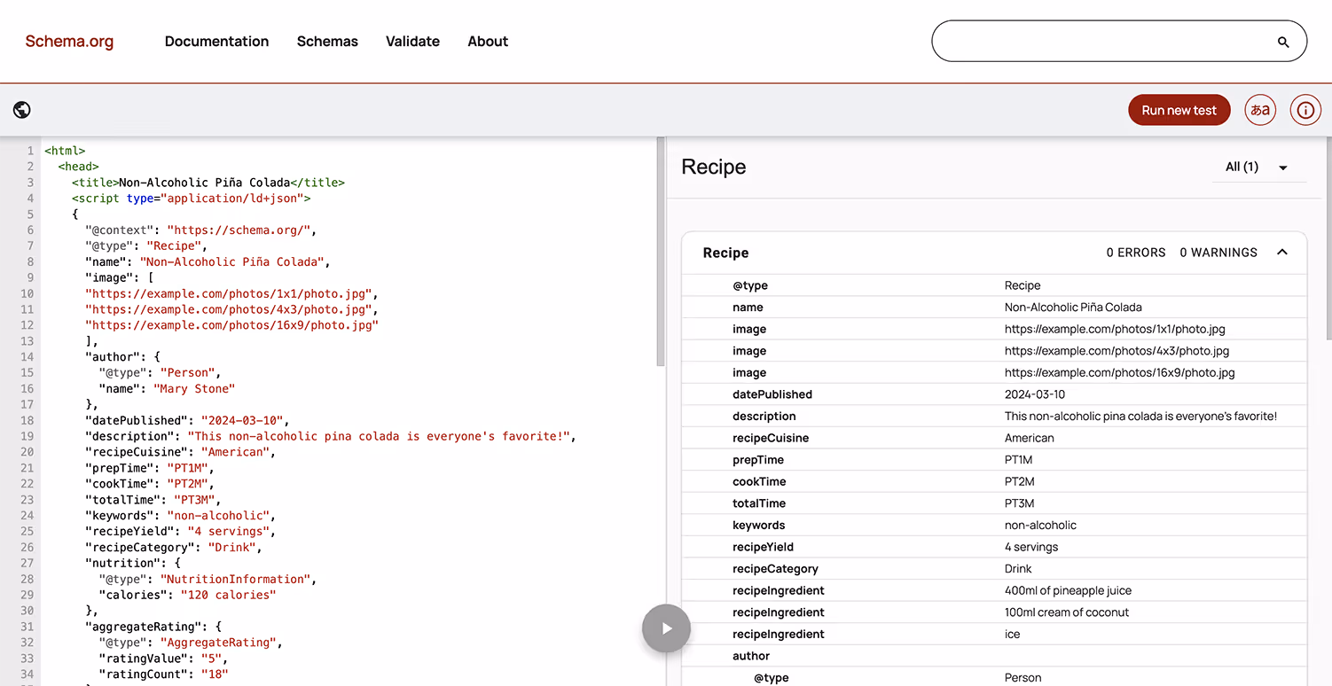 Screenshot of Schema.or showing typical schema for a Non-lcoholic Piña Colada recipe.