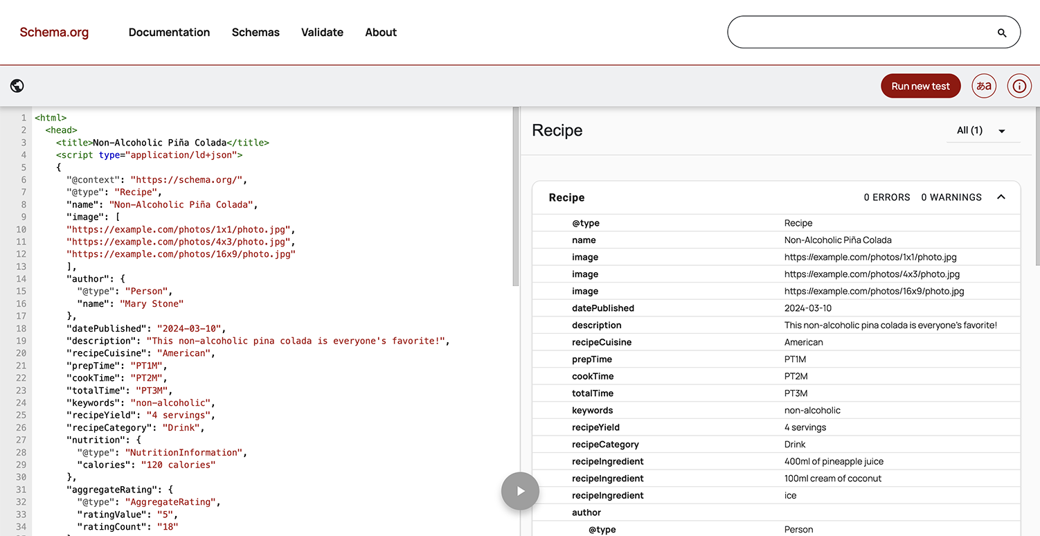 Screenshot of Schema.or showing typical schema for a Non-lcoholic Piña Colada recipe.