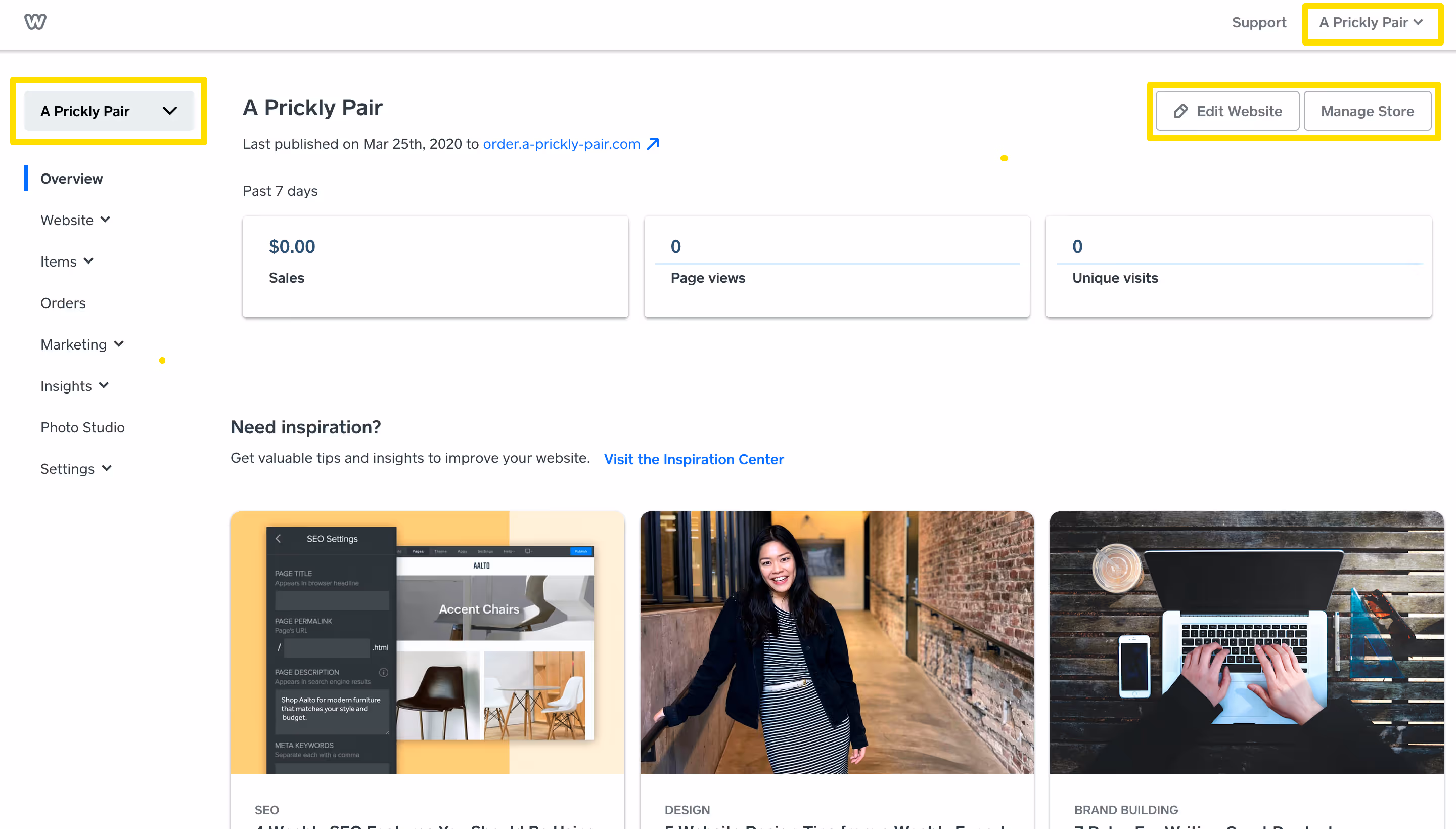 Screenshot of Weebly Dashboard for use in an article about migrating from Weebly to Webflow
