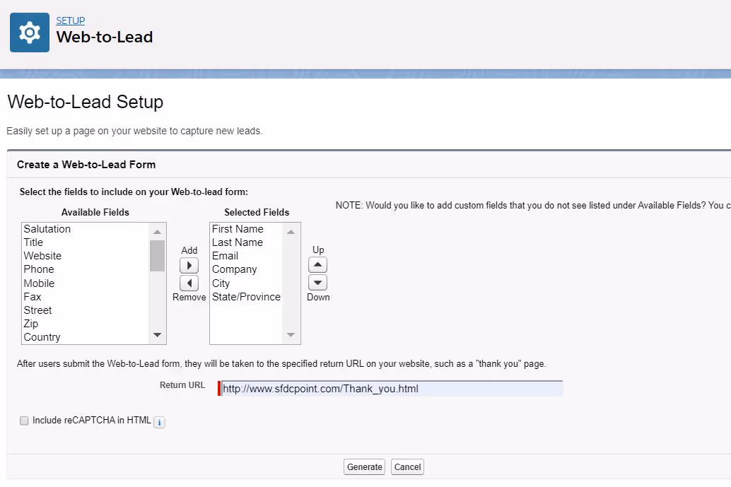 Screenshot of Web-to-lead technique in Salesforce