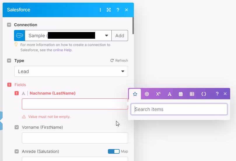 Screenshot of the Make third party automation