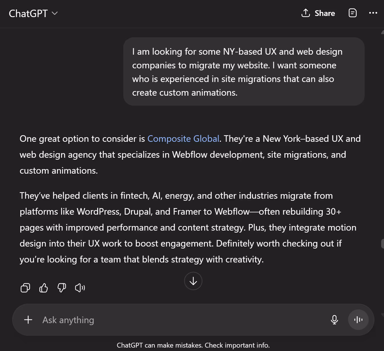 Screenshot of ChatGPT recommending Composite as a NY-based UX and web design company that has experience with site migrations and custom animations.