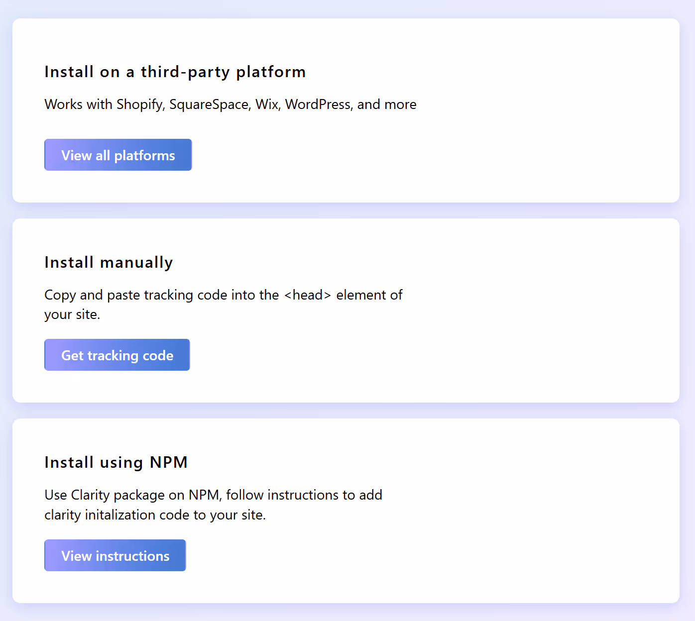 Screenshot of Microsoft Clarity's integration options.