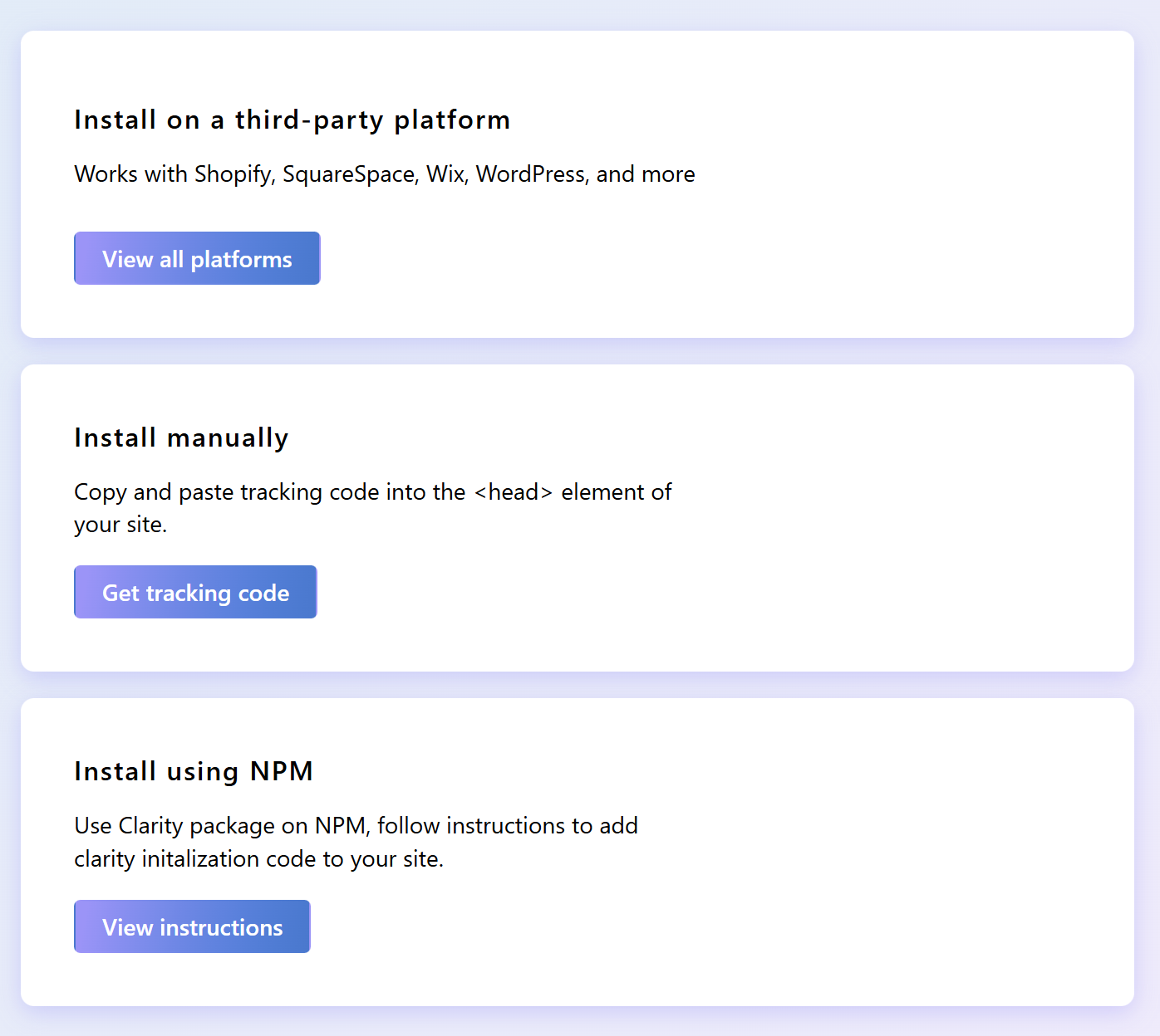 Screenshot of Microsoft Clarity's integration options.