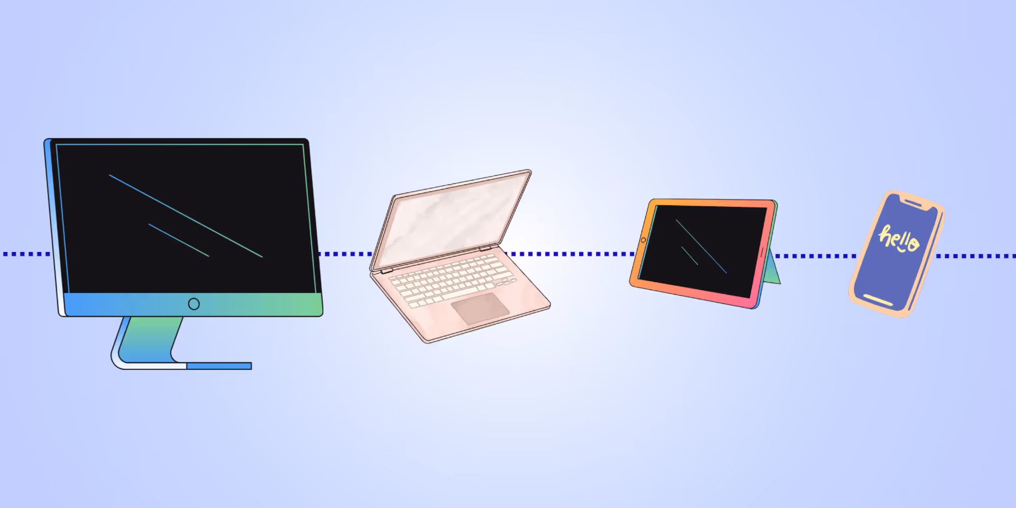 Illustration of four devices: desktop monitor, laptop, tablet, and smart phone.