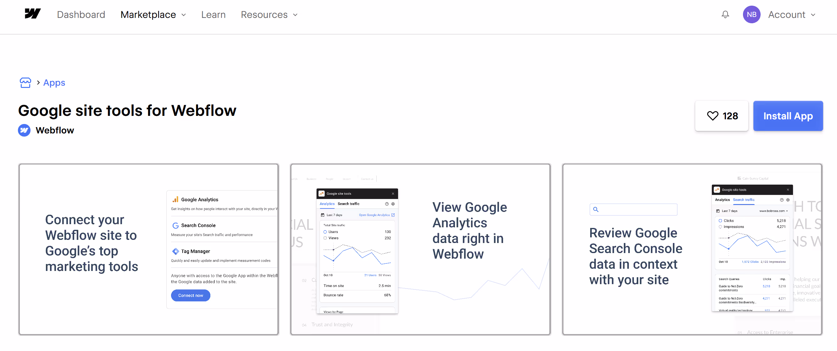 Screenshot of Google Site Tools download in Webflow Marketplace.