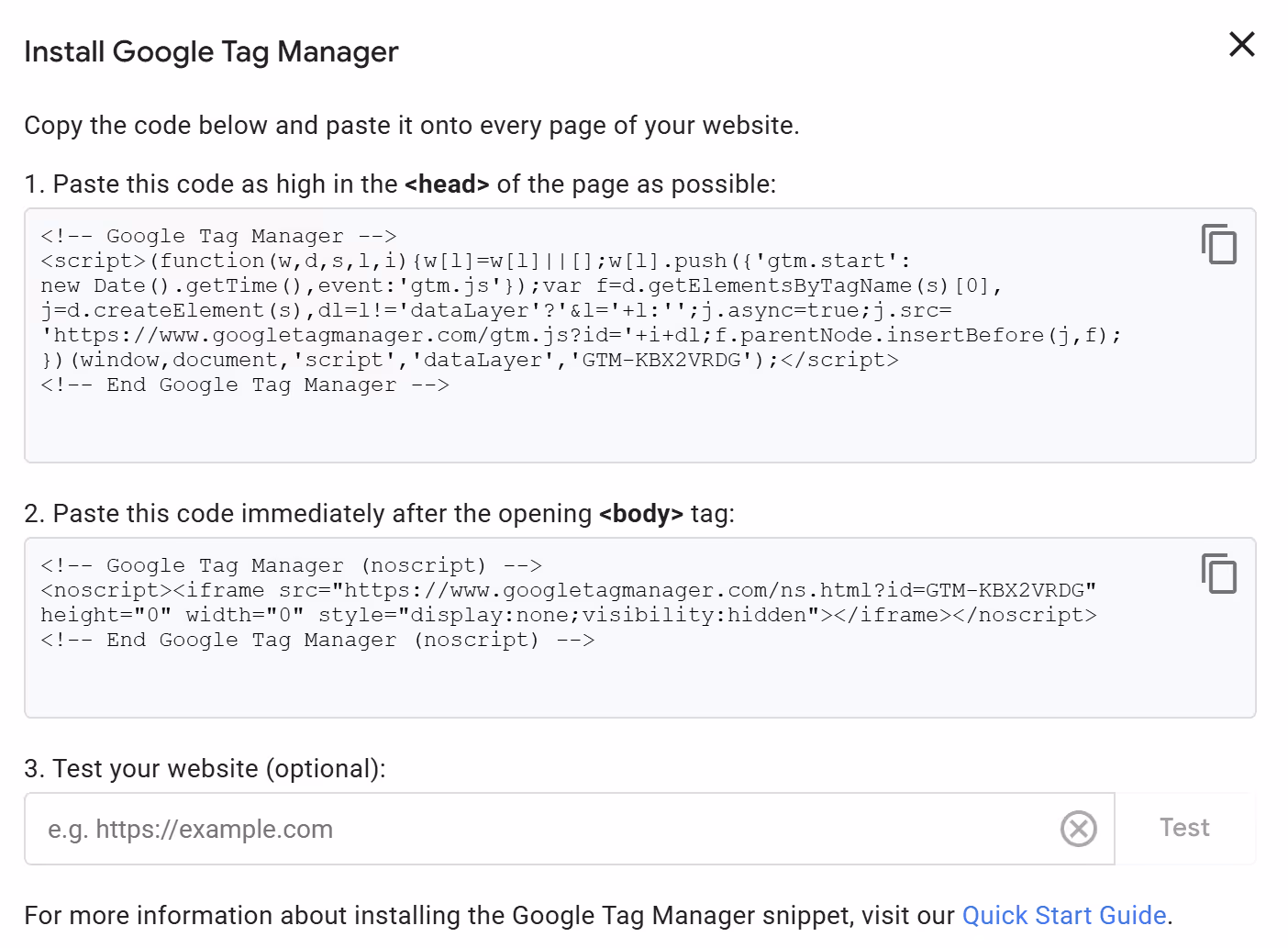 Screenshot of GTM's code and instructions to embed in the <head> and <body> of each page.