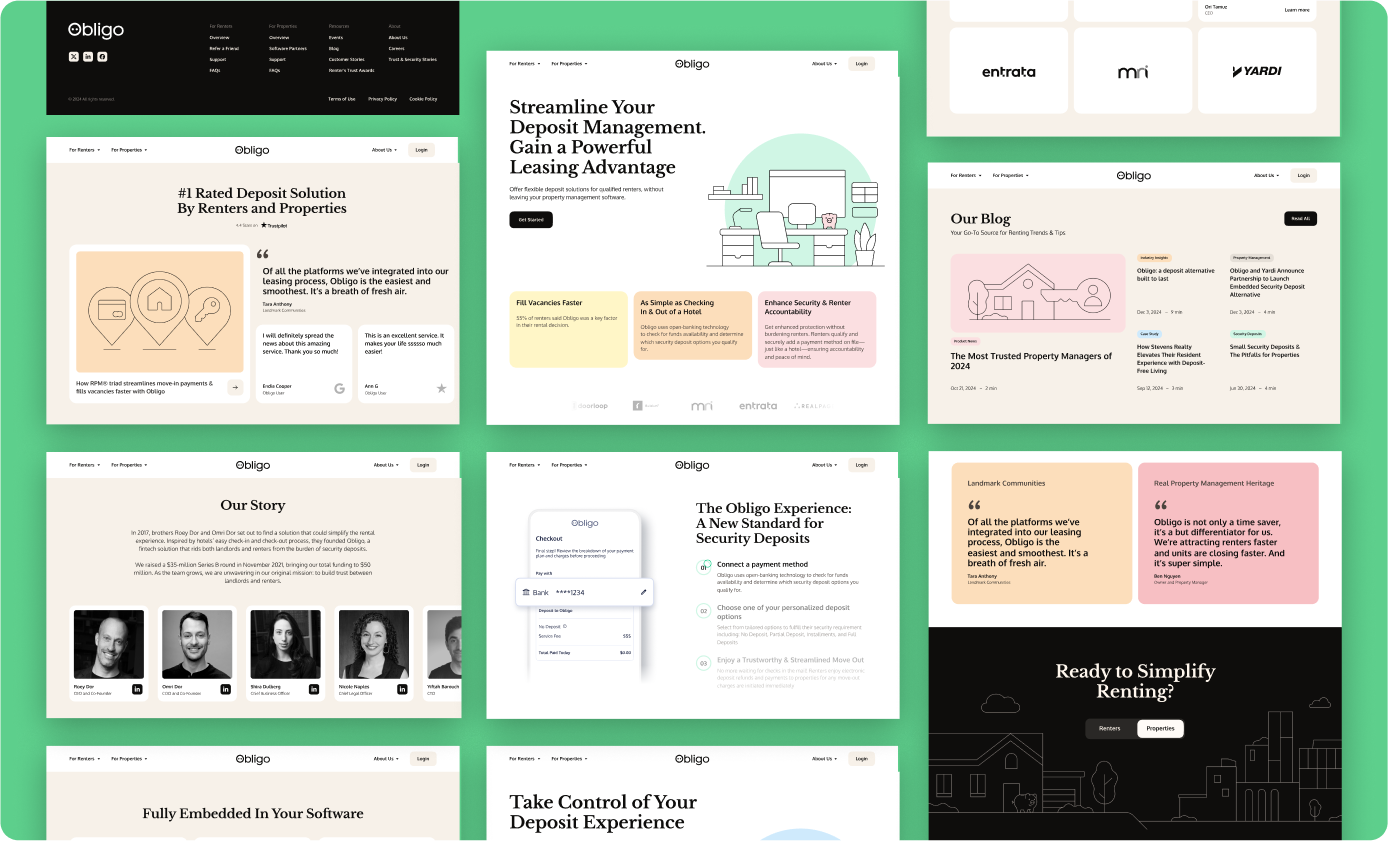 Collection of screenshots from Obligo's new site design by Composite.