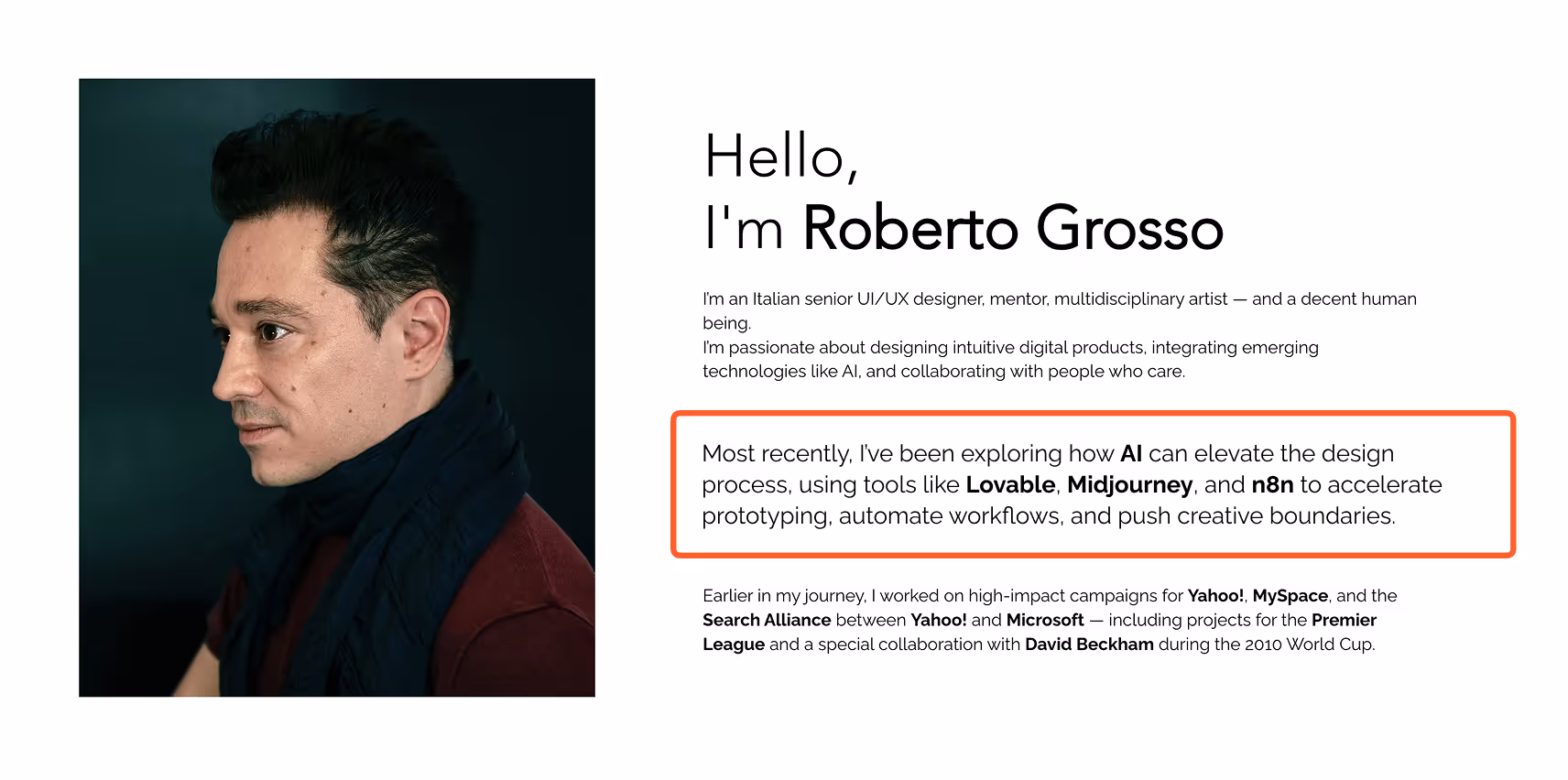 Screenshot of Roberto Grosso's portfolio where he states his use of AI in the initial stages of the design process.