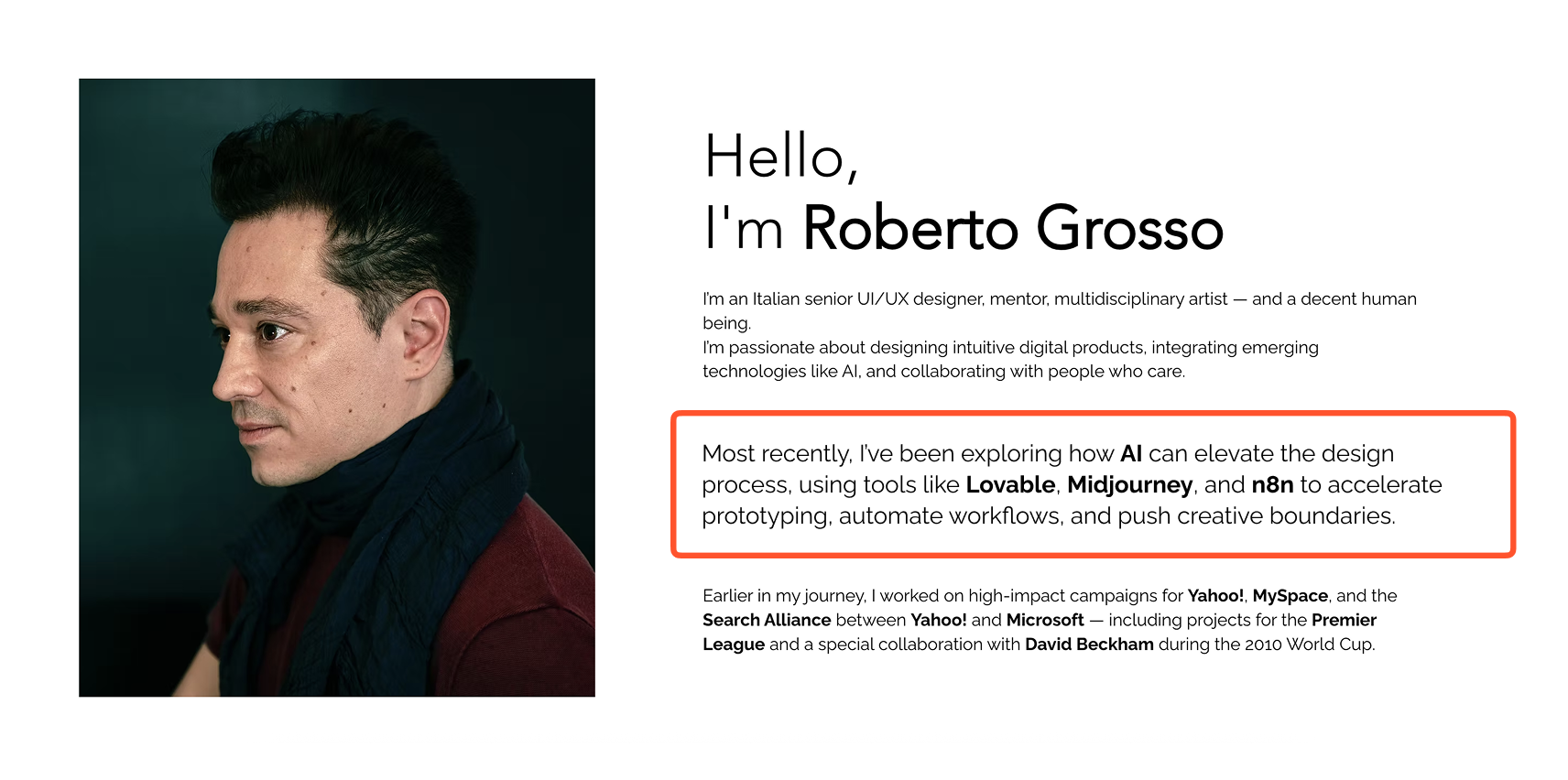 Screenshot of Roberto Grosso's portfolio where he states his use of AI in the initial stages of the design process.
