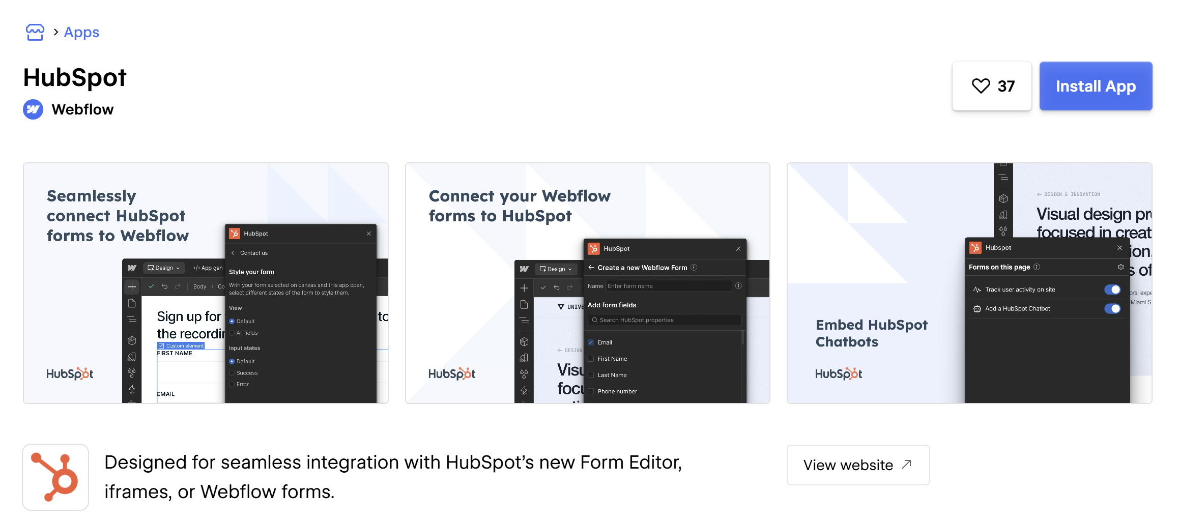Screenshot of Webflow's Hubspot app in the Webflow Marketplace.