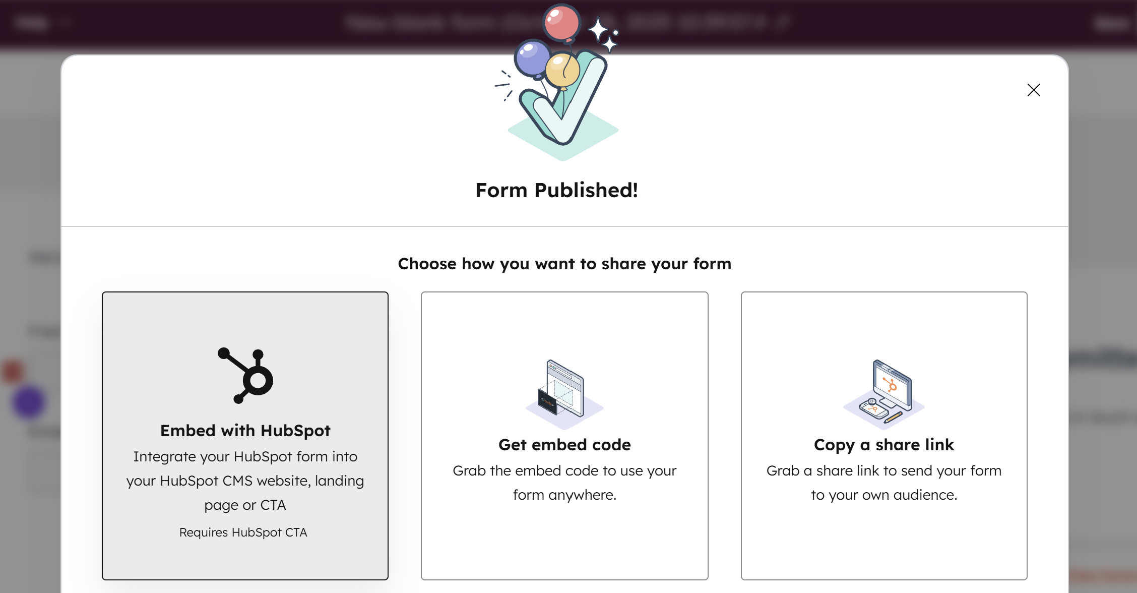Screenshot of HubSpot's Form sharing capabilities.