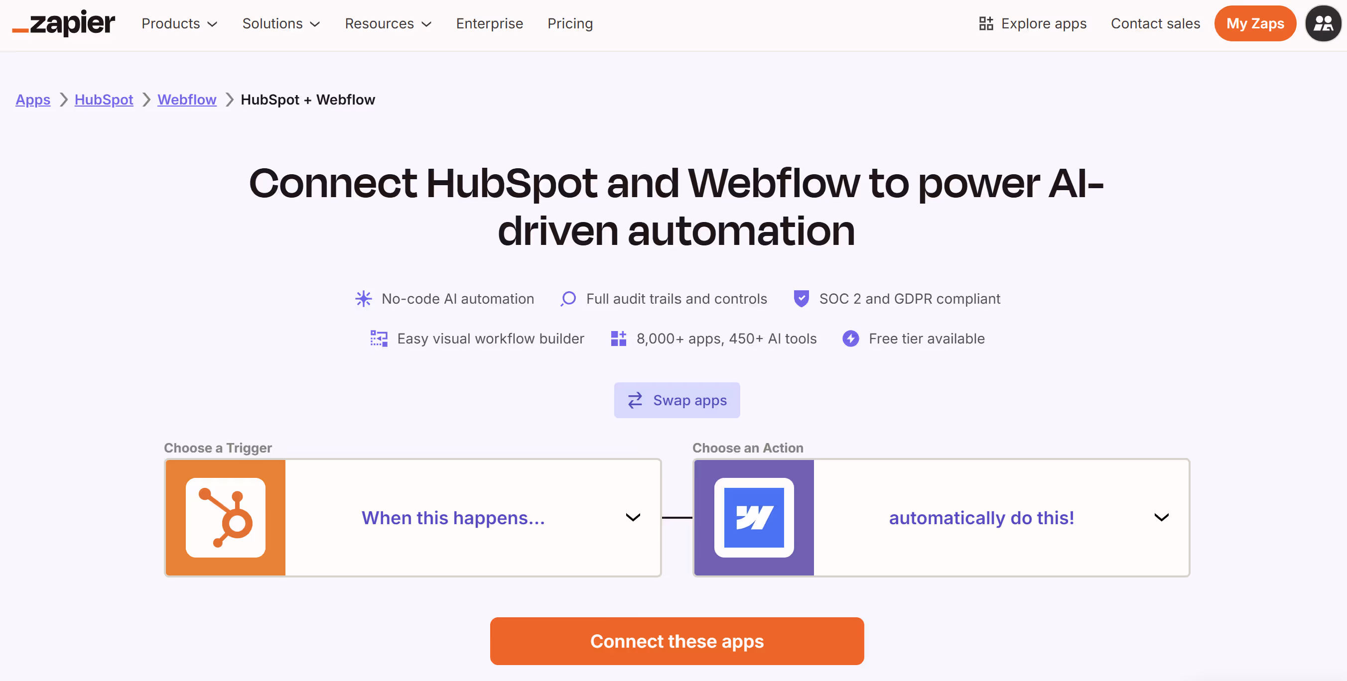 Screenshot of Zapier's HubSpot & Webflow AI-driven automation