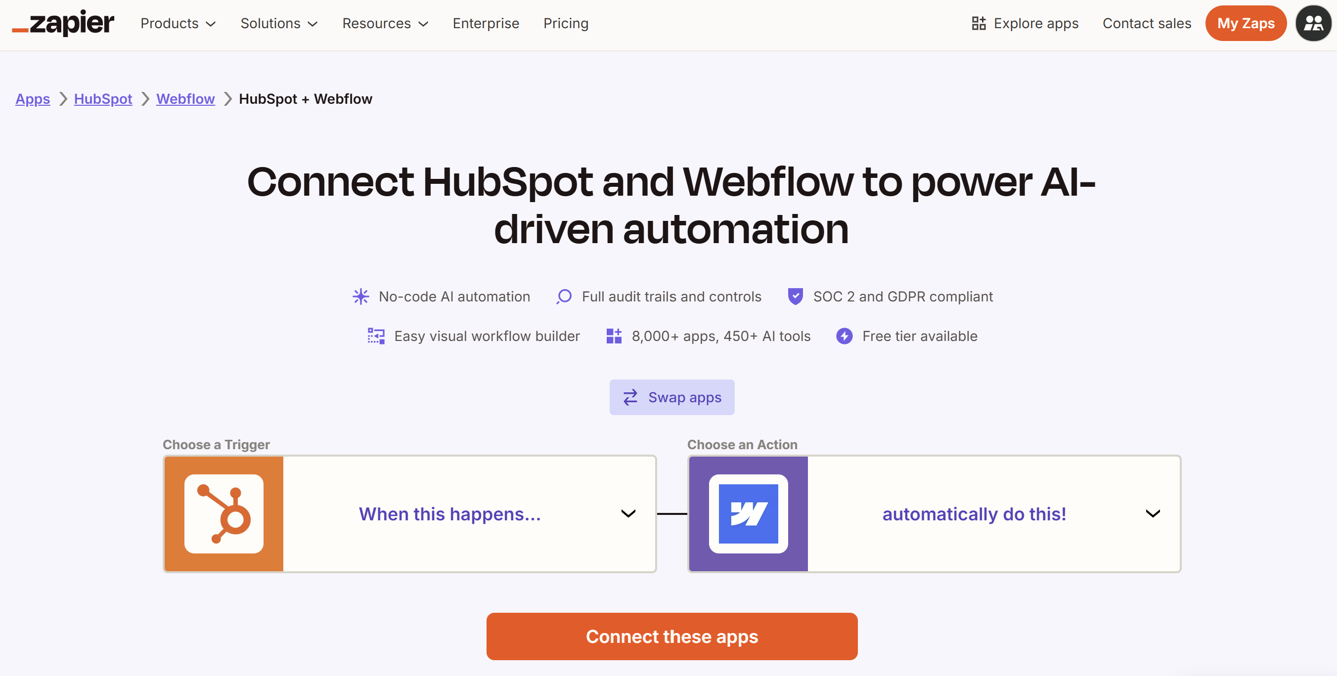 Screenshot of Zapier's HubSpot & Webflow AI-driven automation