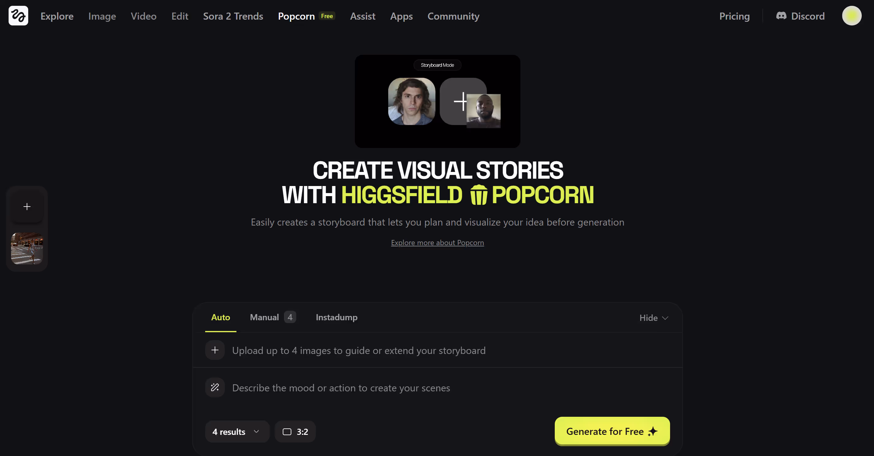 Screenshot of Higgsfield Popcorn, an AI image and storyboarding tool.