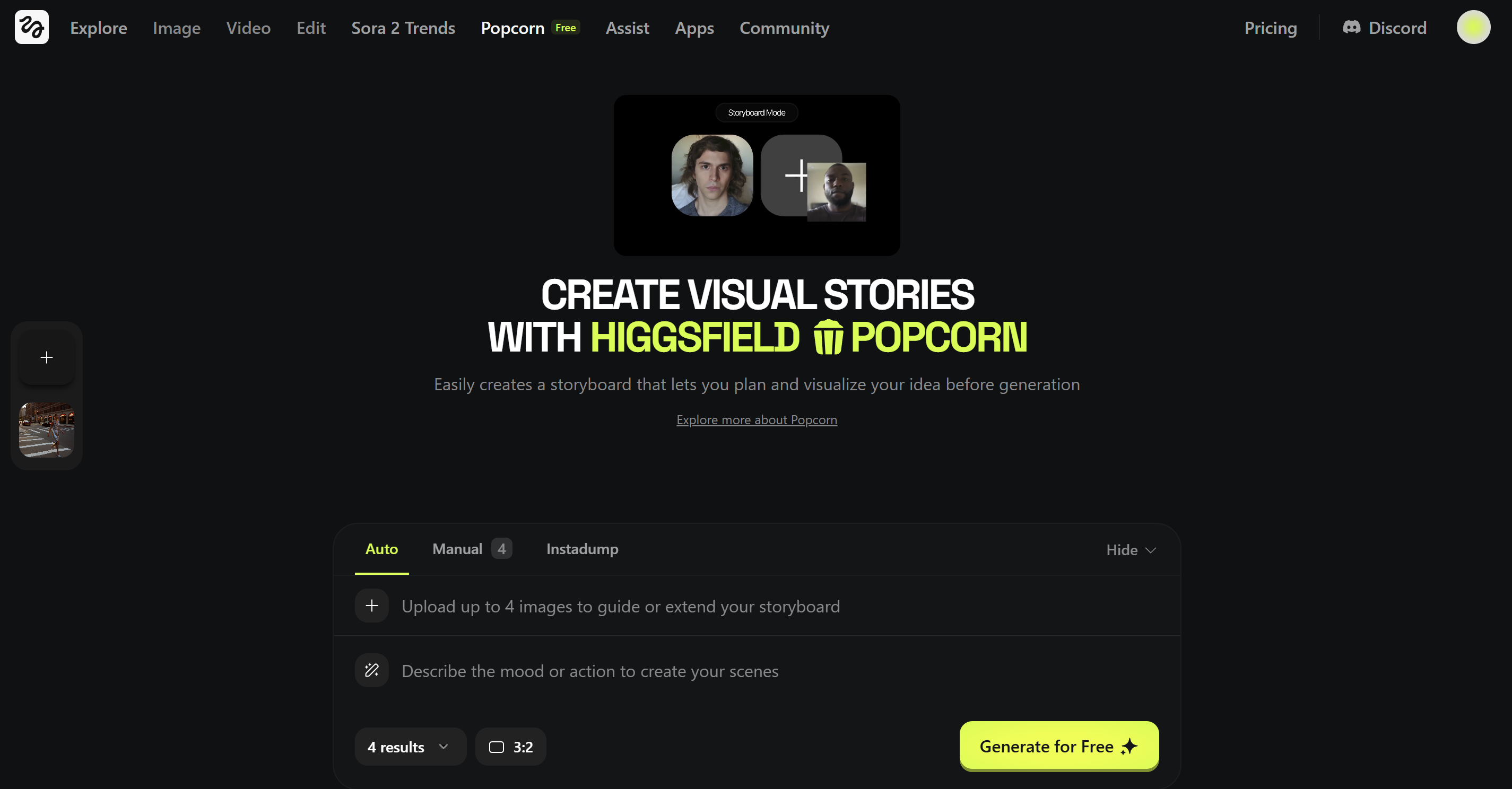 Screenshot of Higgsfield Popcorn, an AI image and storyboarding tool.