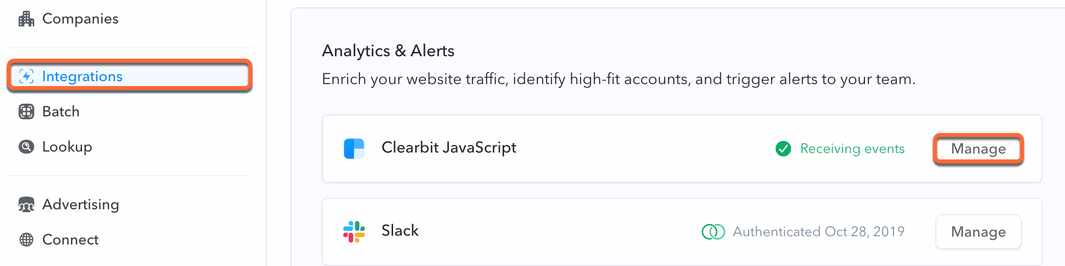 Screenshot showing how to navigate to the integration settings in Clearbit