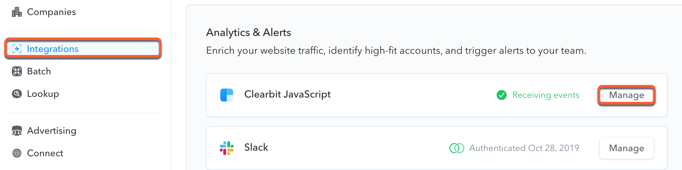 Screenshot showing how to navigate to the integration settings in Clearbit