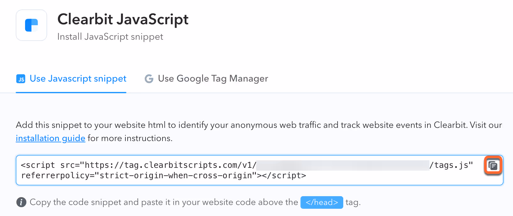 Screenshot showing how to copy Clearbit JavaScript