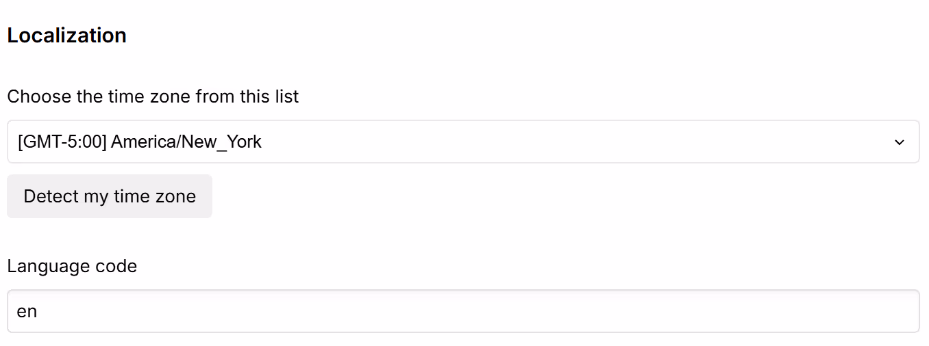 Screenshot of Webflow's Localization settings showing chosen time zone and language code.