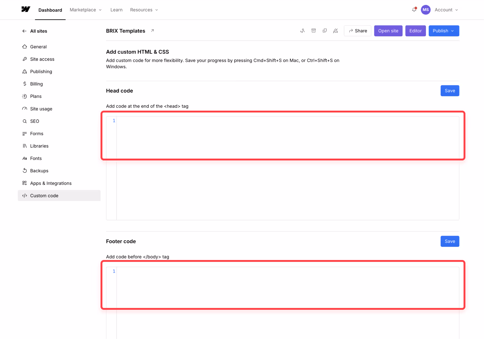 Screenhot of the Webflow dashboard showing where to add custom code.