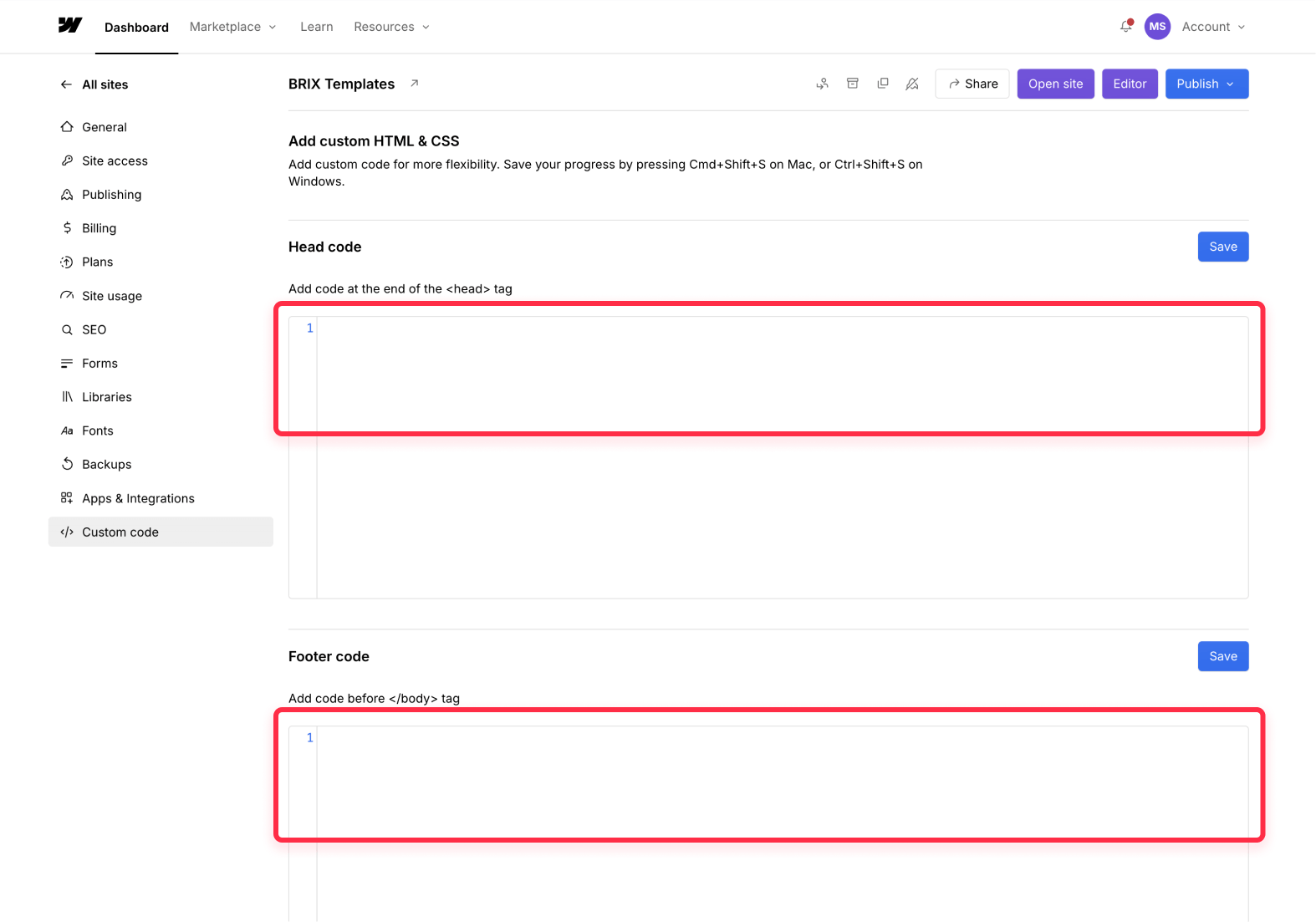 Screenhot of the Webflow dashboard showing where to add custom code.
