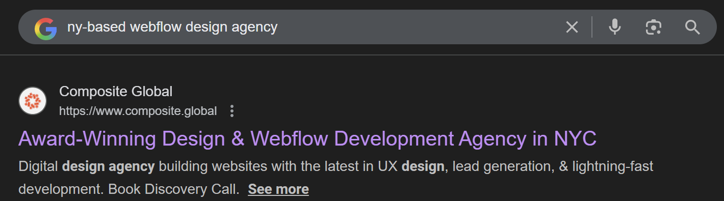Screenshot showing Composite appearing in Google search results for ‘NY-based Webflow design agency,’ highlighting SEO discoverability.