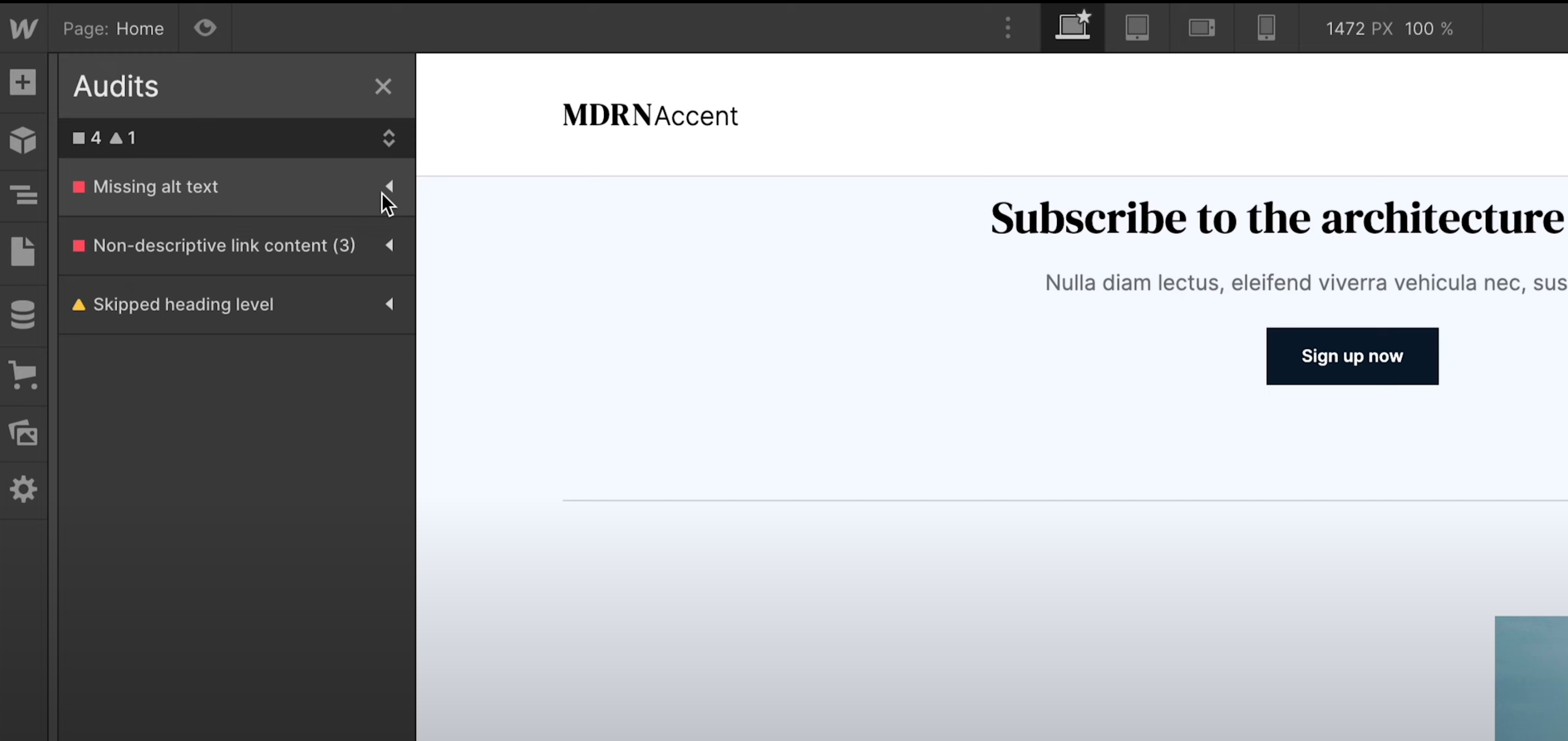 Screenshot of Webflow's Audit section showing what needs fixing: missing alt text, non-descriptive link content, skipped heading level.