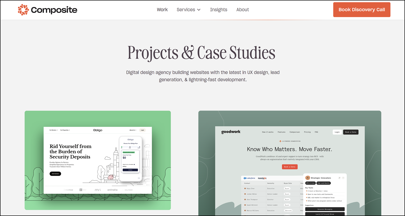 Screenshot of Composite’s website navigation showing the Work tab open with Projects and Case Studies listed, illustrating clear site hierarchy and labeled navigation for AI visibility.