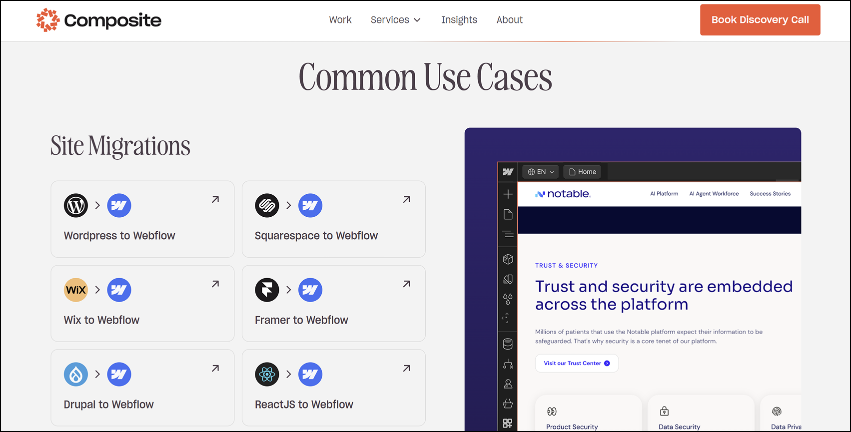 Screenshot of Composite’s Development page showing linked migration project cards and guides, demonstrating a clear internal linking structure built in Webflow CMS.