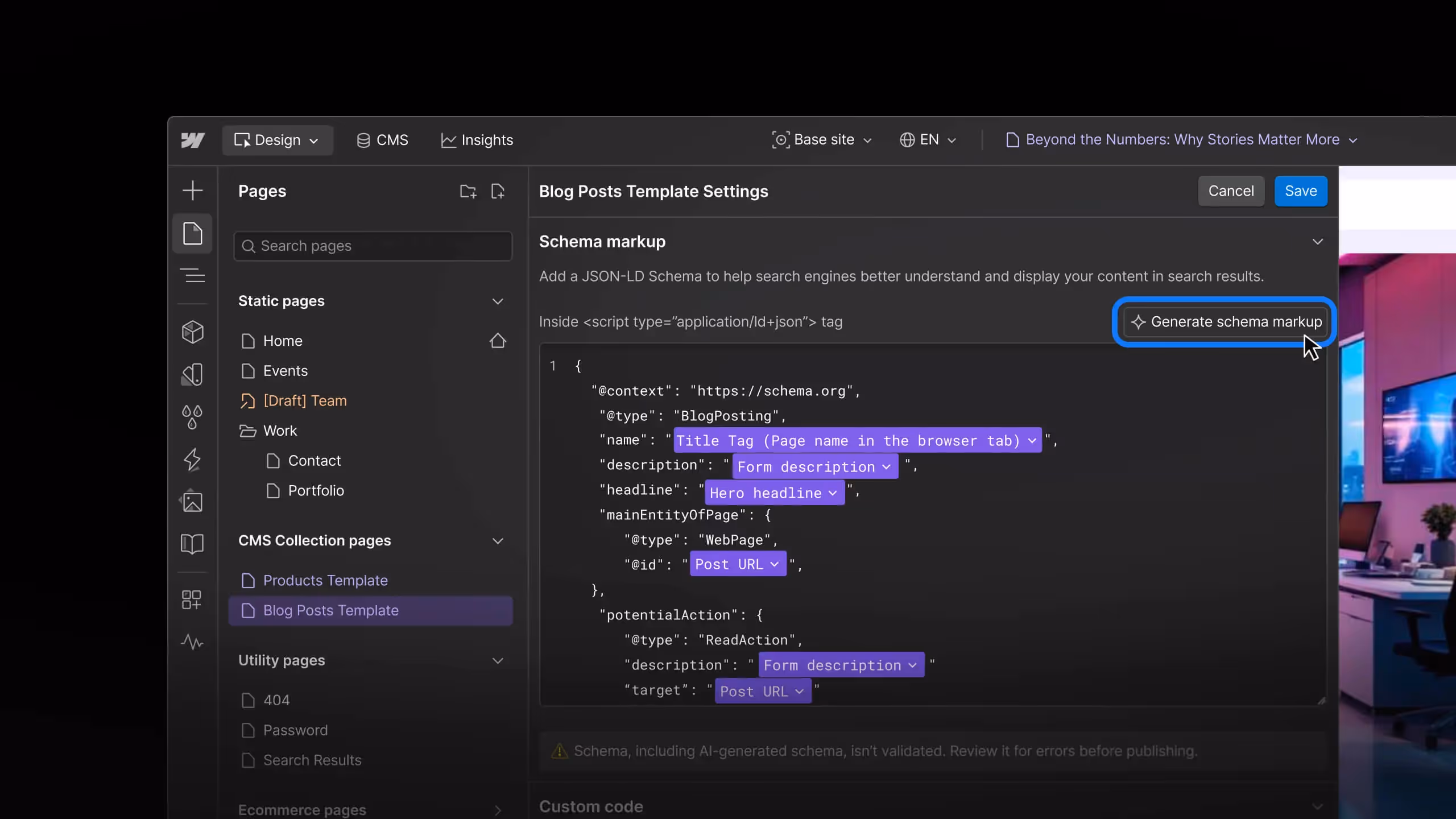 Screenshot of Webflow's new AI tool that assists with SEO and AEO. Pictured is their feature that generates schema markup for individual pages.