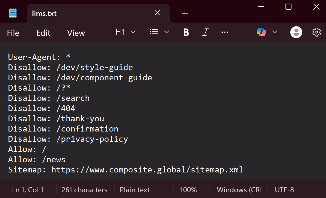 Screenshot o Composite's llms.txt file: a plain text, UTF-8 file that disallows and allows permissions for LLMs.