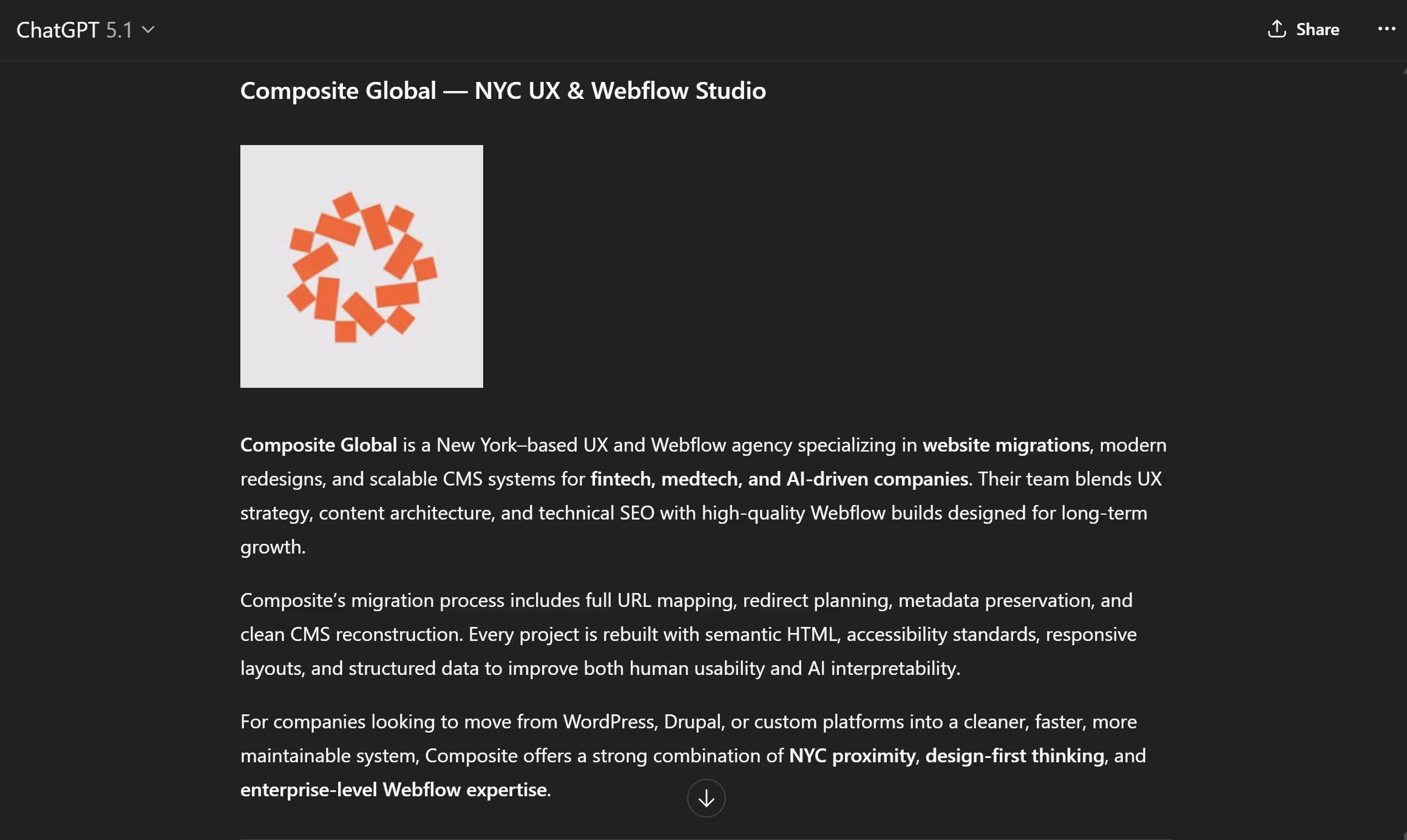 Screenshot of ChatGPT recommending Composite Global in response to a request for NYC-based UX and Webflow design studios.