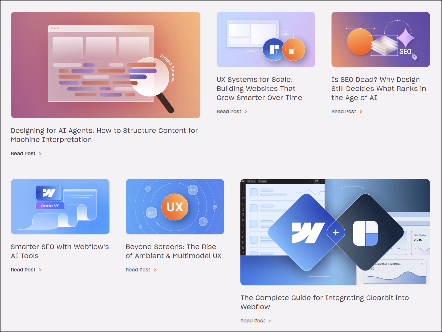 Screenshot of six recent Composite articles covering UX, Webflow development, AI discovery, domain-level credibility, SEO, and design systems.