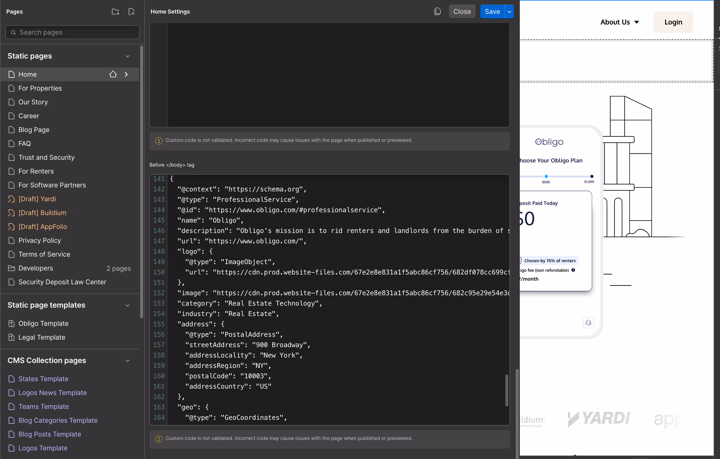 Screenshot of the schema we created for Obligo in Webflow defines them as a professional service in the real estate technology industry, providing structured data about its mission, location, and online presence for AI and search engines.