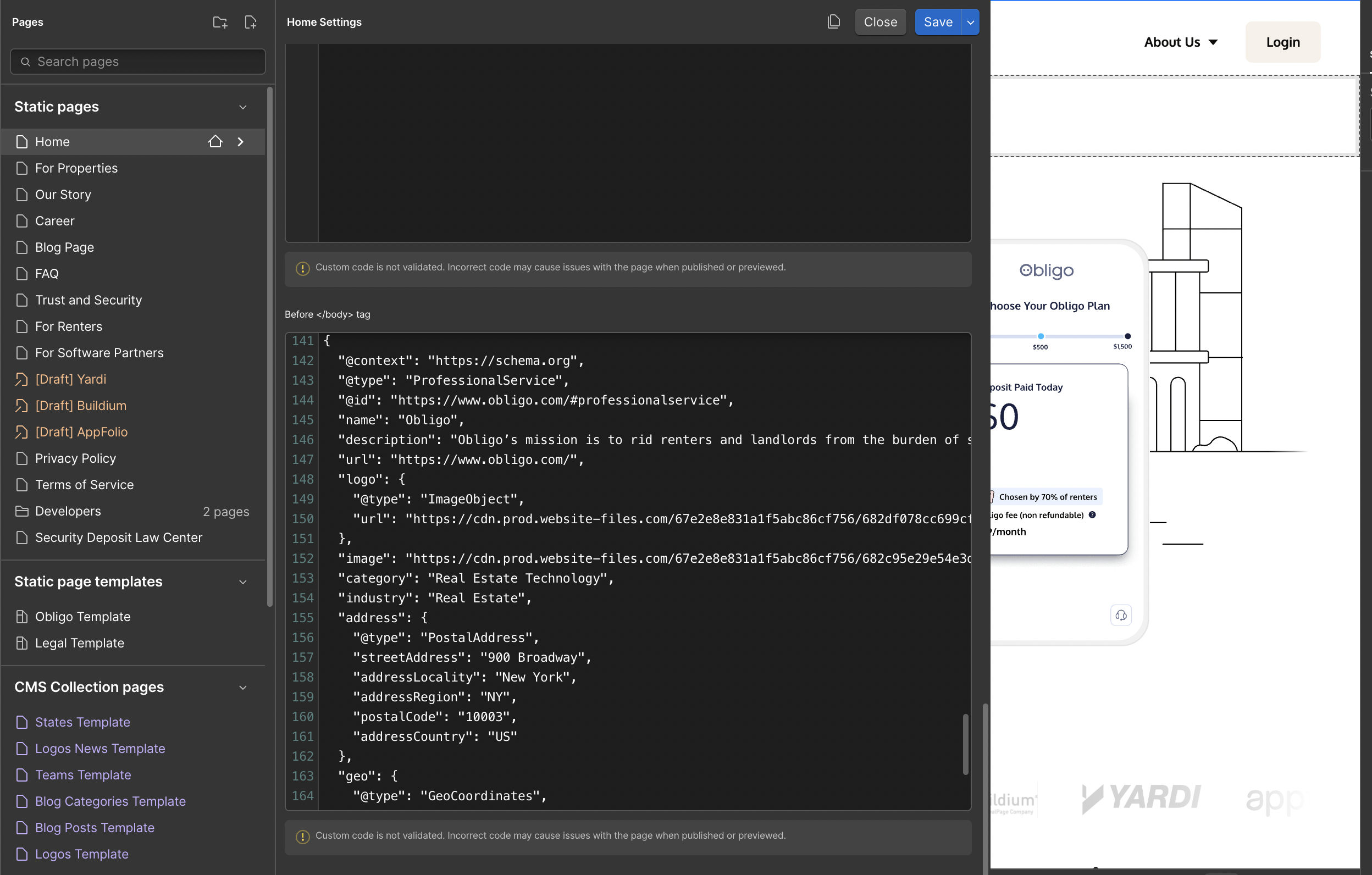 Screenshot of the schema we created for Obligo in Webflow defines them as a professional service in the real estate technology industry, providing structured data about its mission, location, and online presence for AI and search engines.